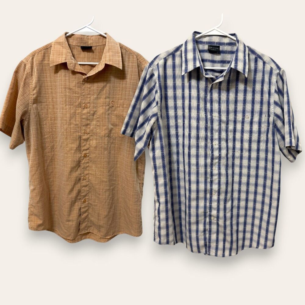 R&R Casual Shirt Mens L Short Sleeve Button Plaid Lot of 2 Blue Tan Lightweight